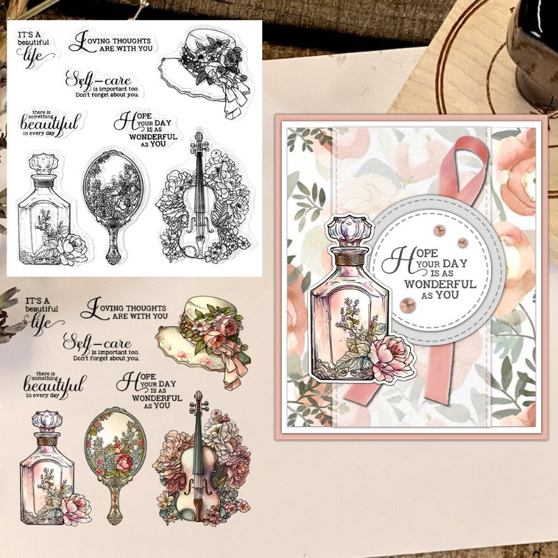 Vintage Violin Hat Perfume Clear Stamps