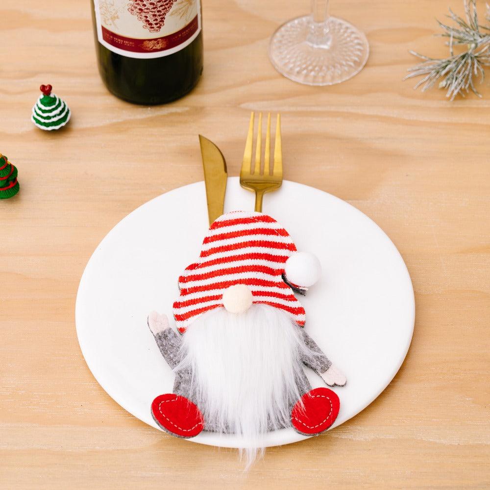 Festive Holiday Gnome Knife Fork Spoon Sleeves Set