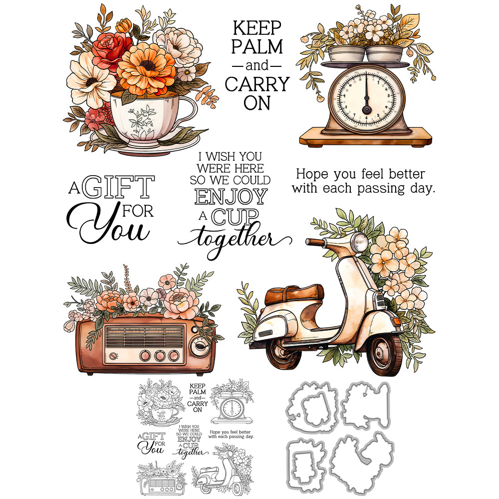 Radio Motorcycle Cups Flowers Dies & Stamps Set