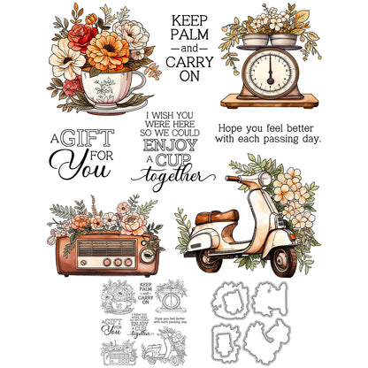 Radio Motorcycle Cups Flowers Dies & Stamps Set