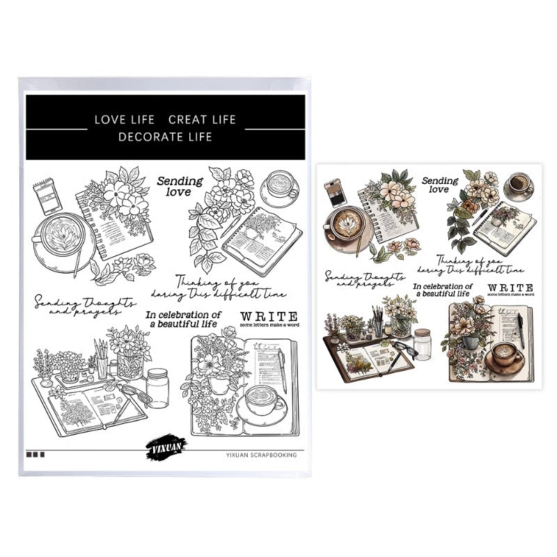 Coffee Time Books & Roses Clear Stamps