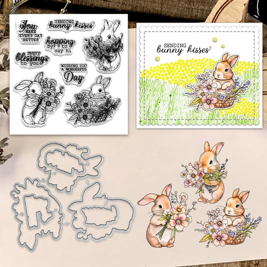 Cute Rabbit with Flowers Dies & Stamps Set