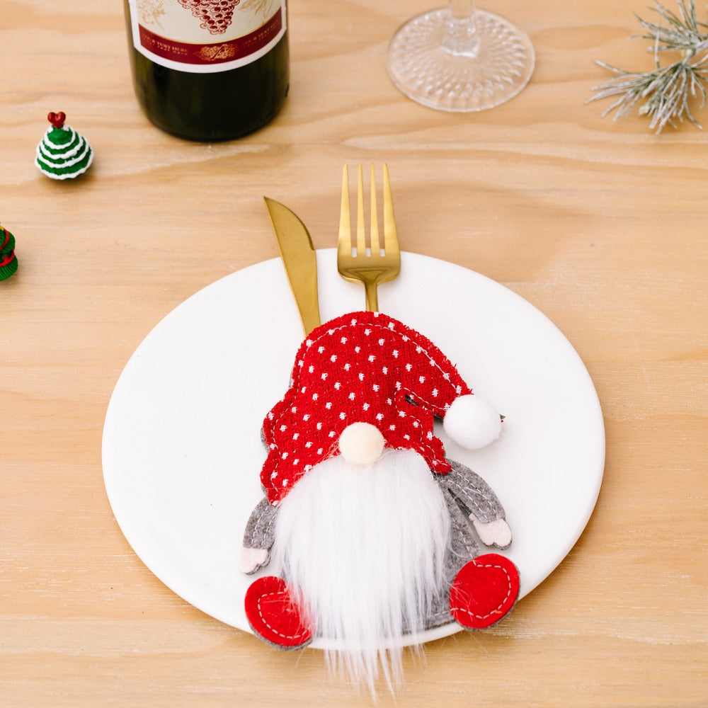 Festive Holiday Gnome Knife Fork Spoon Sleeves Set