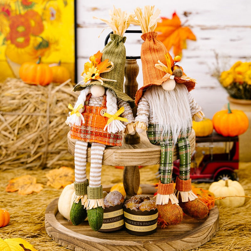 Thanksgiving Maple Leaf Straw Hat Gnome Decorations