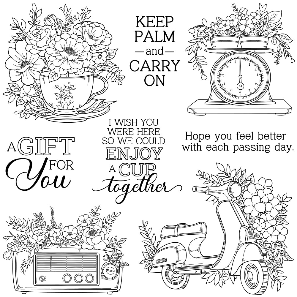 Radio Motorcycle Cups Flowers Dies & Stamps Set