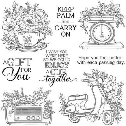 Radio Motorcycle Cups Flowers Dies & Stamps Set