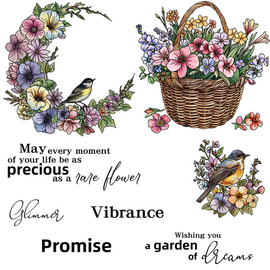 Flower Basket Bird Clear Stamps