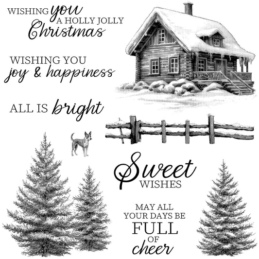 Winter Pine Forest and Cottage Dies & Stamps Set