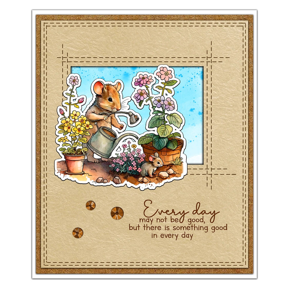 Cute Mouse Planting Flowers Dies & Stamps Set