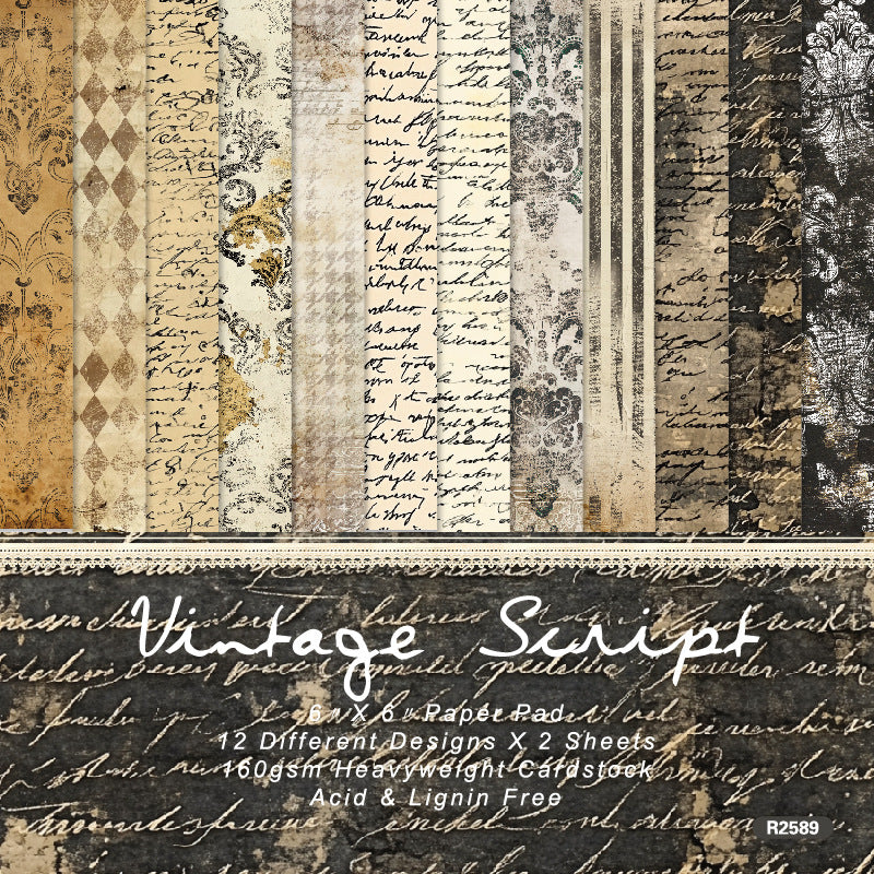 24PCS 6" Vintage Script Scrapbook Paper & Cardstock