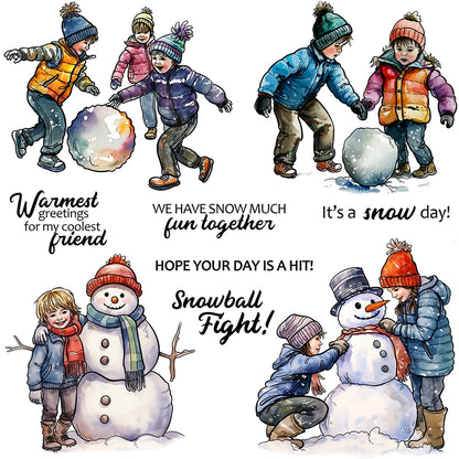 Children Playing With Snowman In Winter Clear Stamps