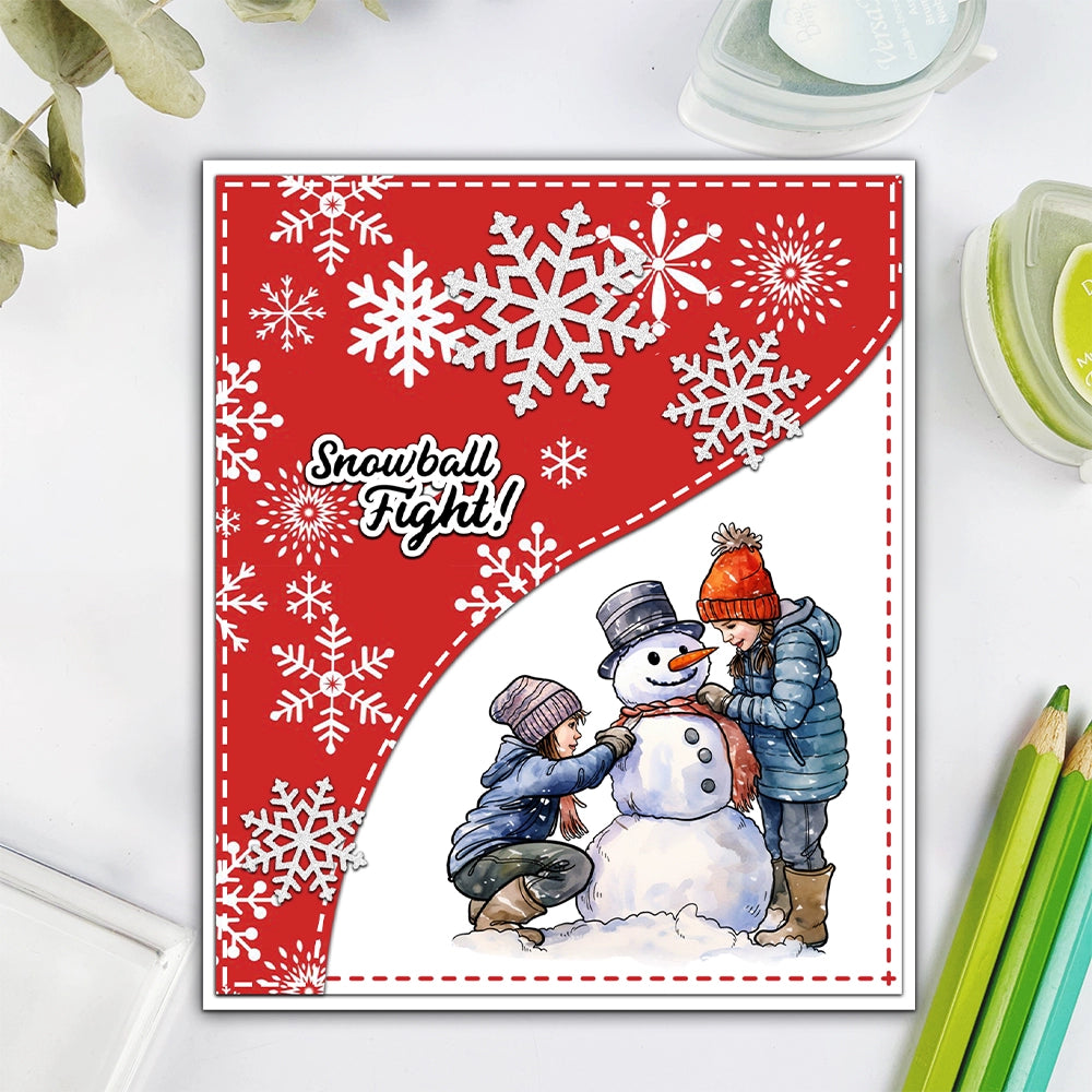 Children Playing With Snowman In Winter Clear Stamps