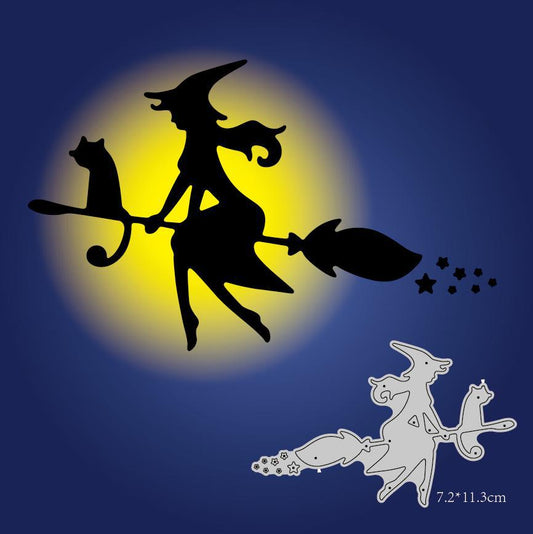 Halloween Flying Broom Witch and Cat Cutting Dies