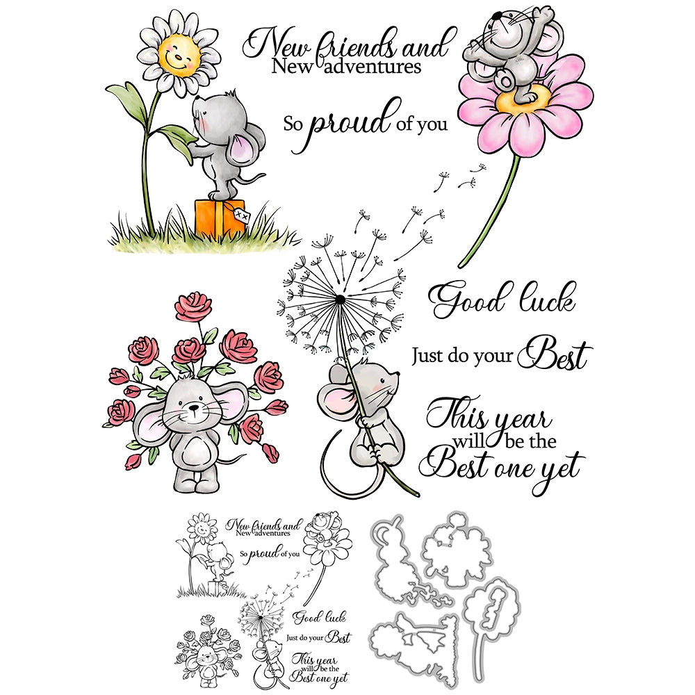 Cute Mouse Dandelion Sunflower Dies & Stamps Set