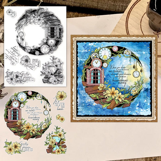 Moon House and Flowers Clear Stamps