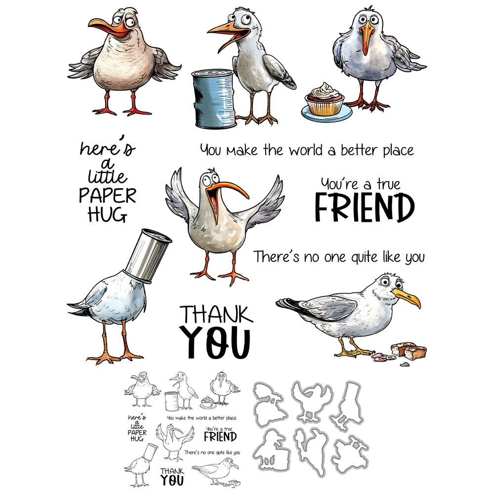 Funny Cartoon Seagull Dies & Stamps Set