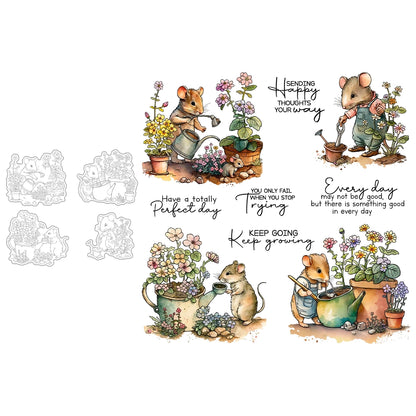Cute Mouse Planting Flowers Dies & Stamps Set