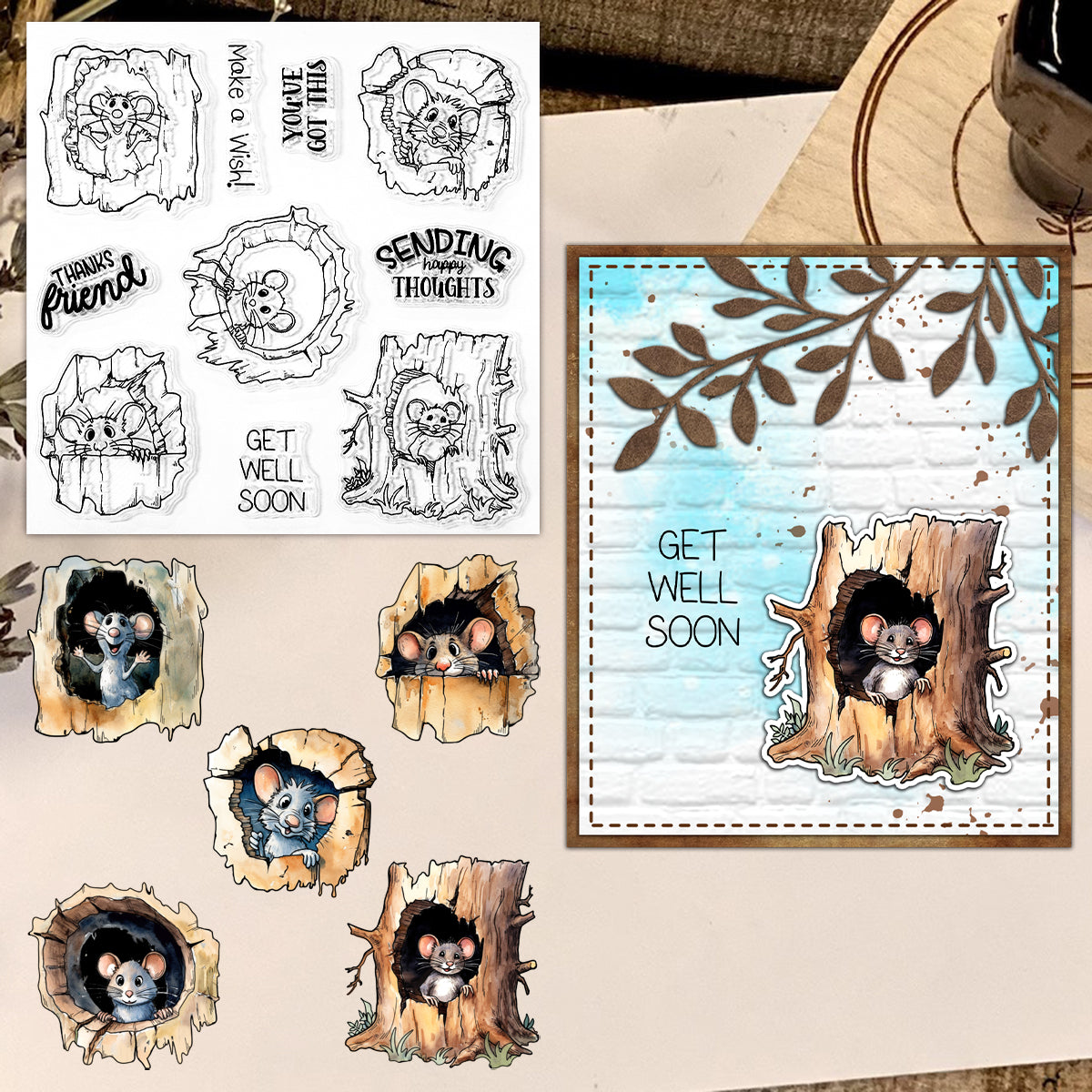 Cute Tree Hole Mouse Dies & Stamps Set