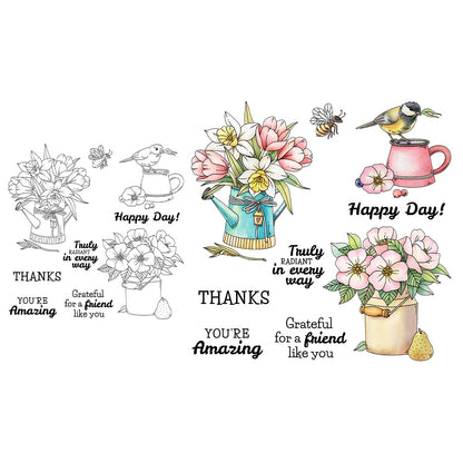 Potted Flowers Bird Clear Stamps