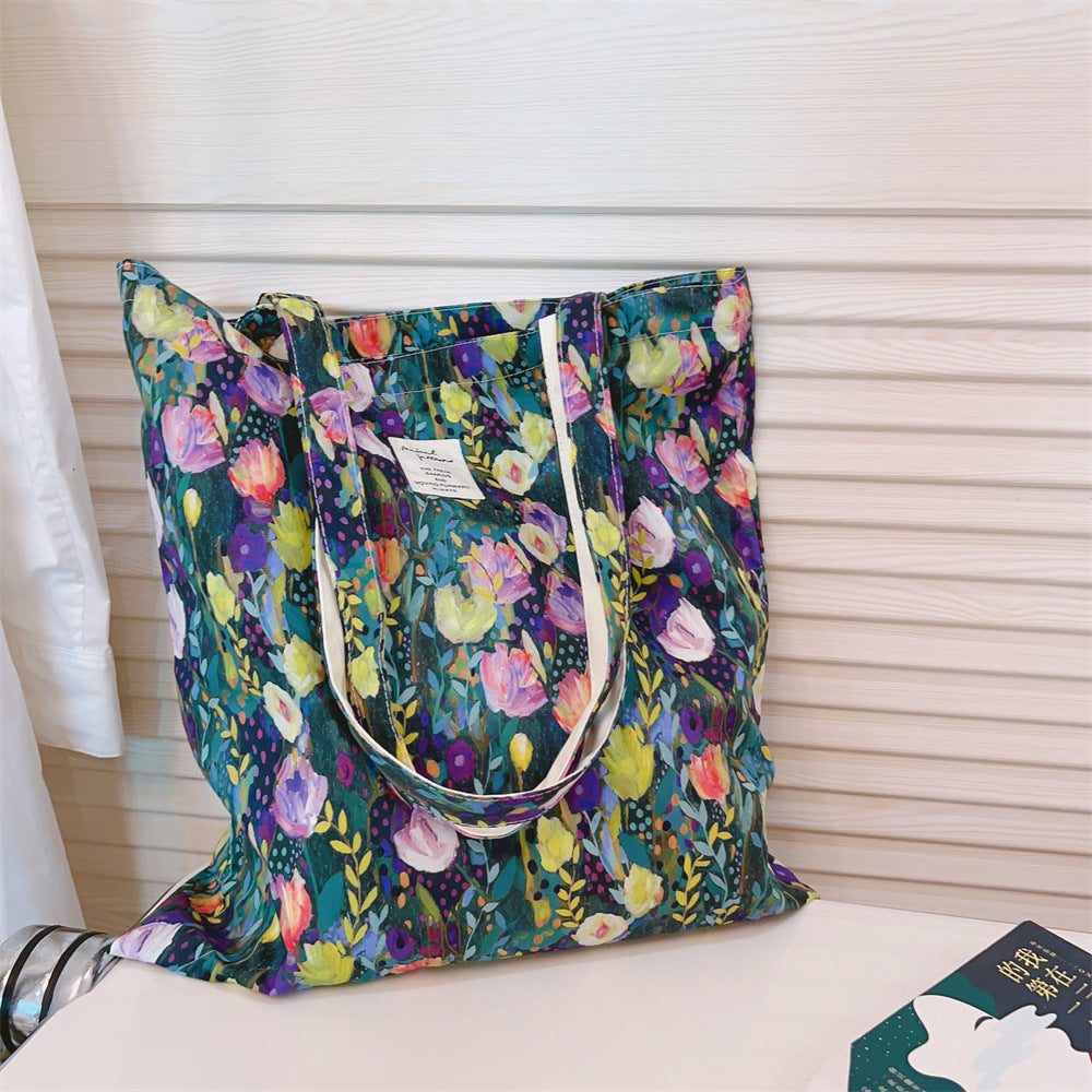 Oil Painting Style Floral Canvas Shoulder Bag