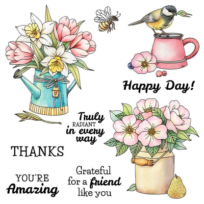 Potted Flowers Bird Clear Stamps