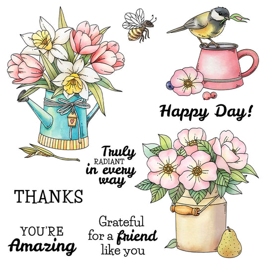 Potted Flowers Bird Clear Stamps