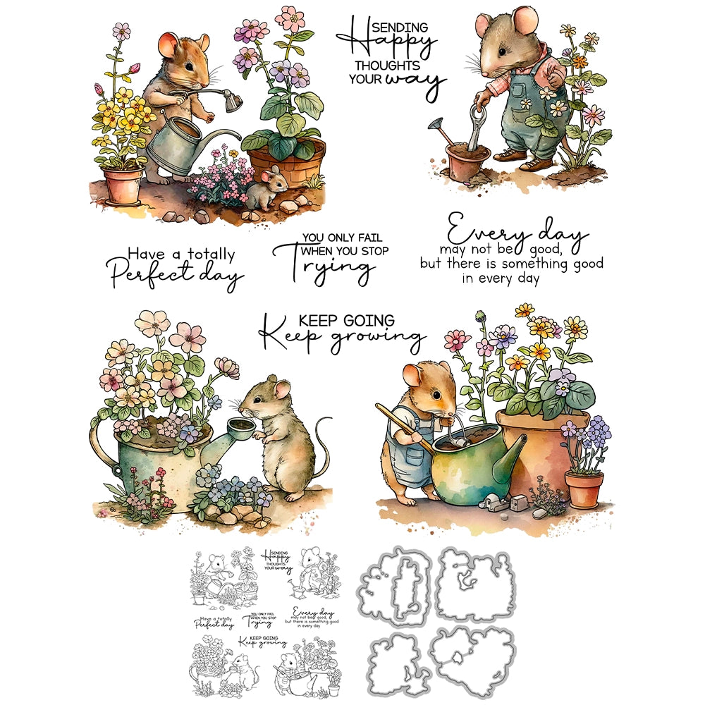 Cute Mouse Planting Flowers Dies & Stamps Set