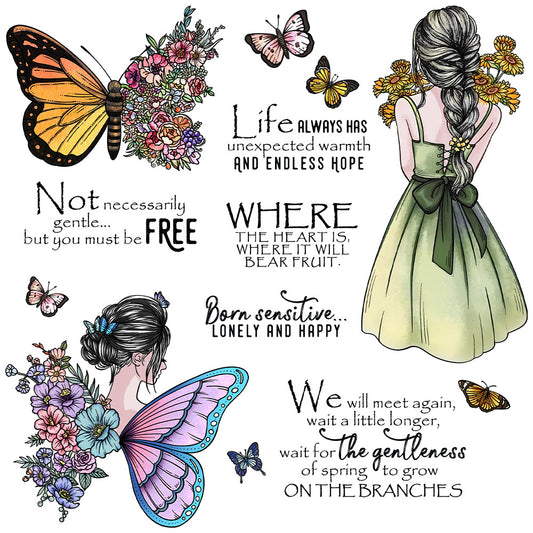 Flowers Butterfly Girl Clear Stamps