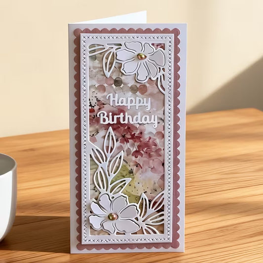 Happy Birthday Rectangular Floral Frame Cutting Dies