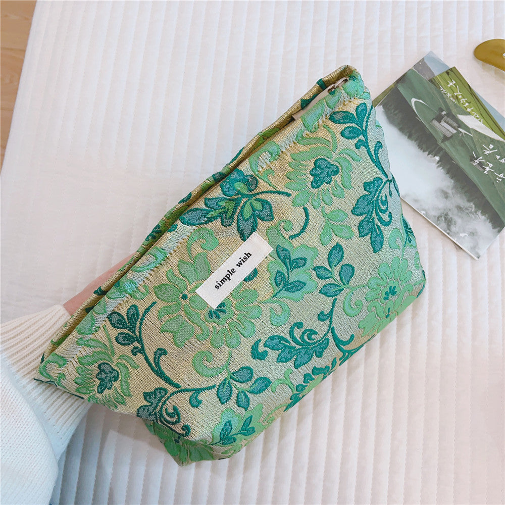 Green Tea Break Jacquard Fabric Cosmetic Bag