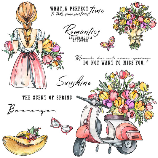 Spring Flowers Girl Clear Stamps