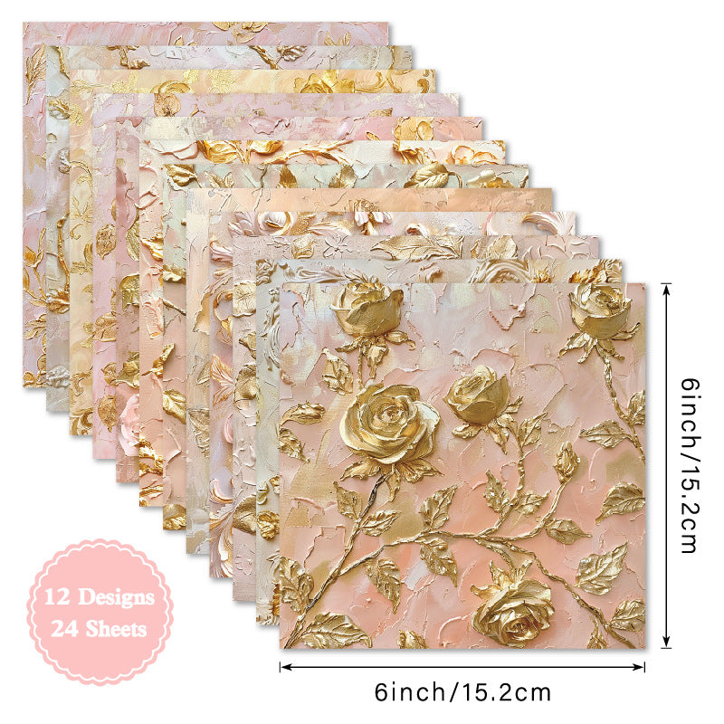 24PCS 6" Gold Floral Scrapbook Paper & Cardstock