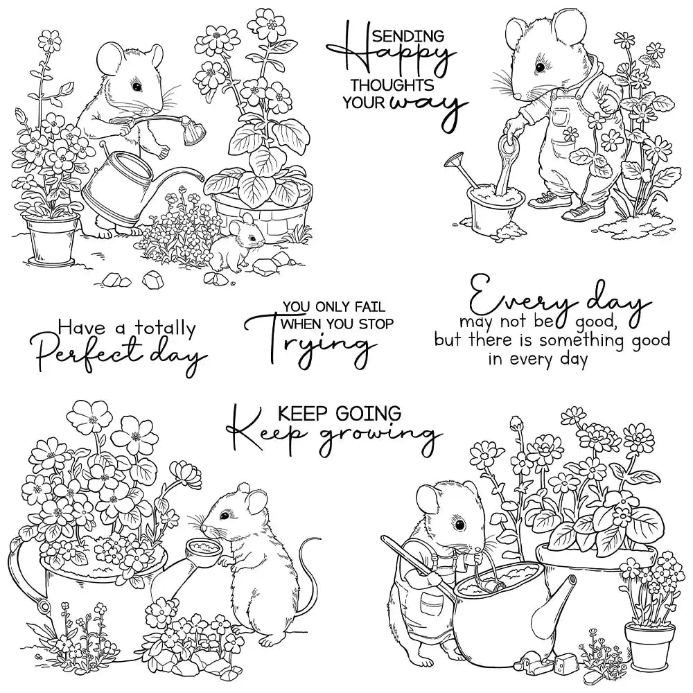 Cute Mouse Planting Flowers Dies & Stamps Set