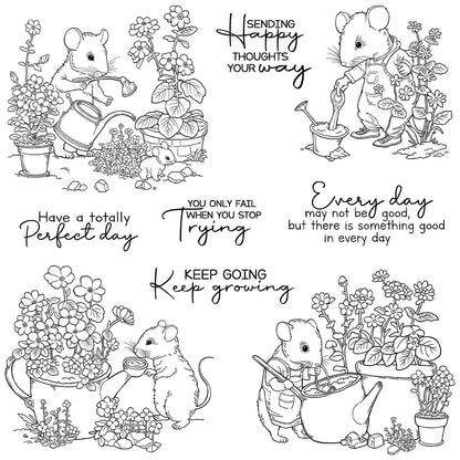 Cute Mouse Planting Flowers Dies & Stamps Set