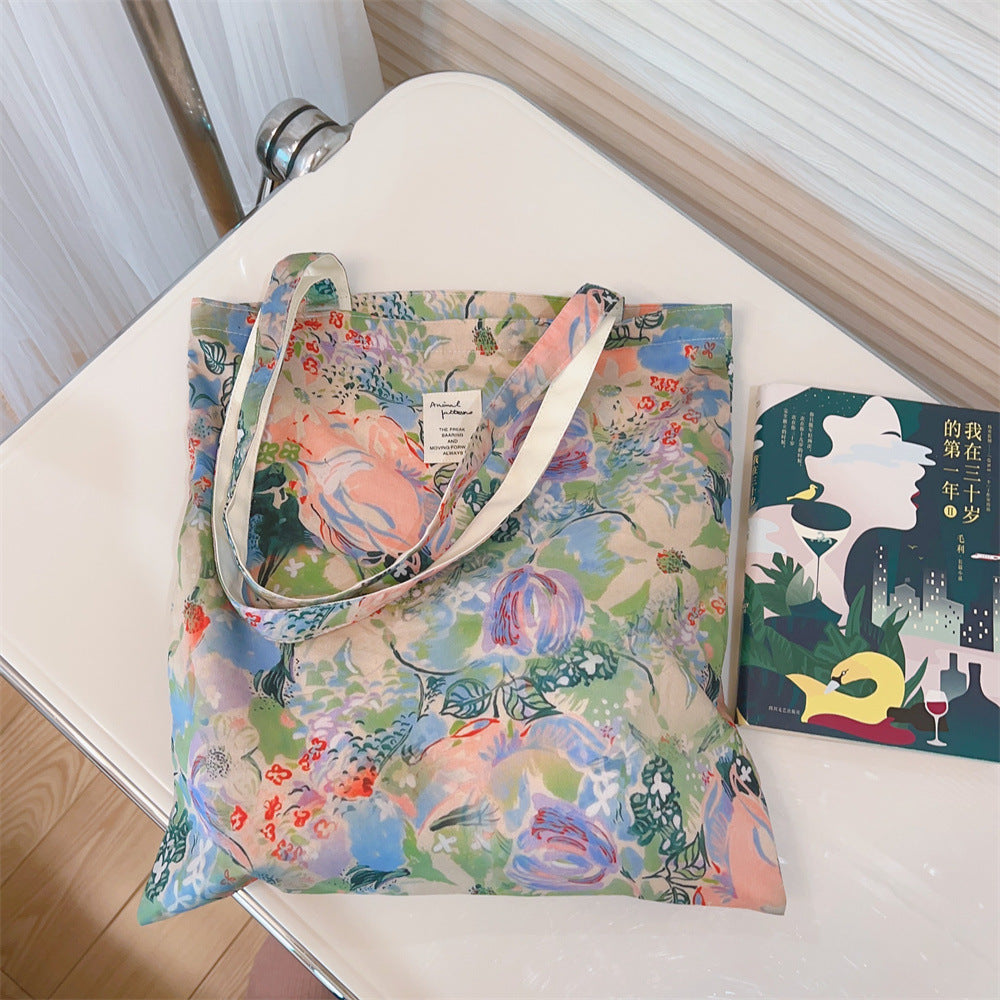 Oil Painting Style Floral Canvas Shoulder Bag