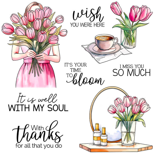 Girl Holding Tulips Dies & Stamps Set