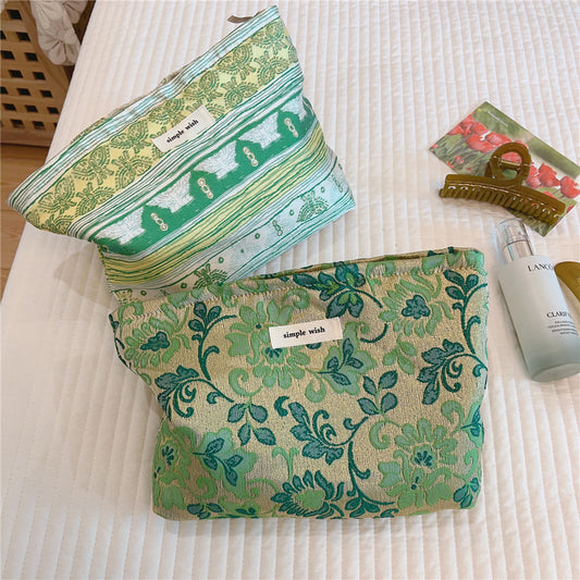 Green Tea Break Jacquard Fabric Cosmetic Bag