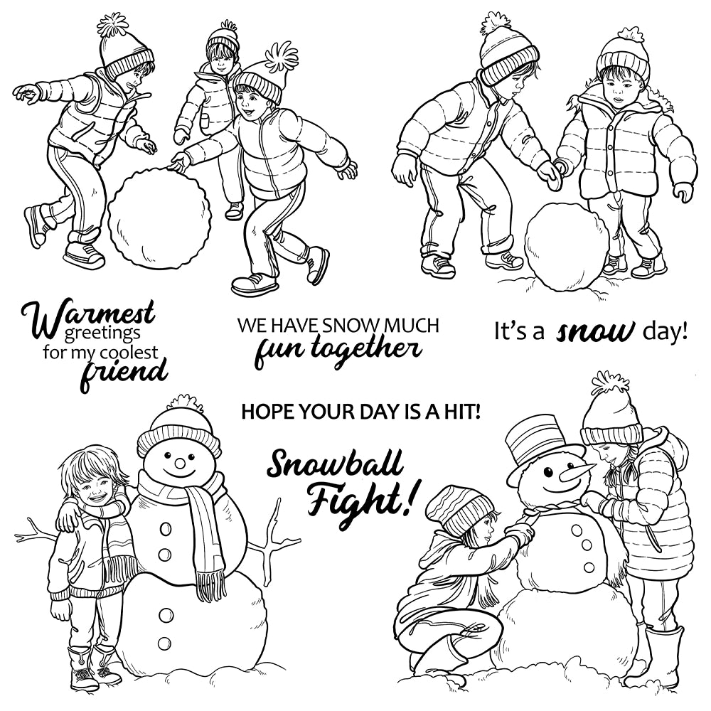 Children Playing With Snowman In Winter Clear Stamps