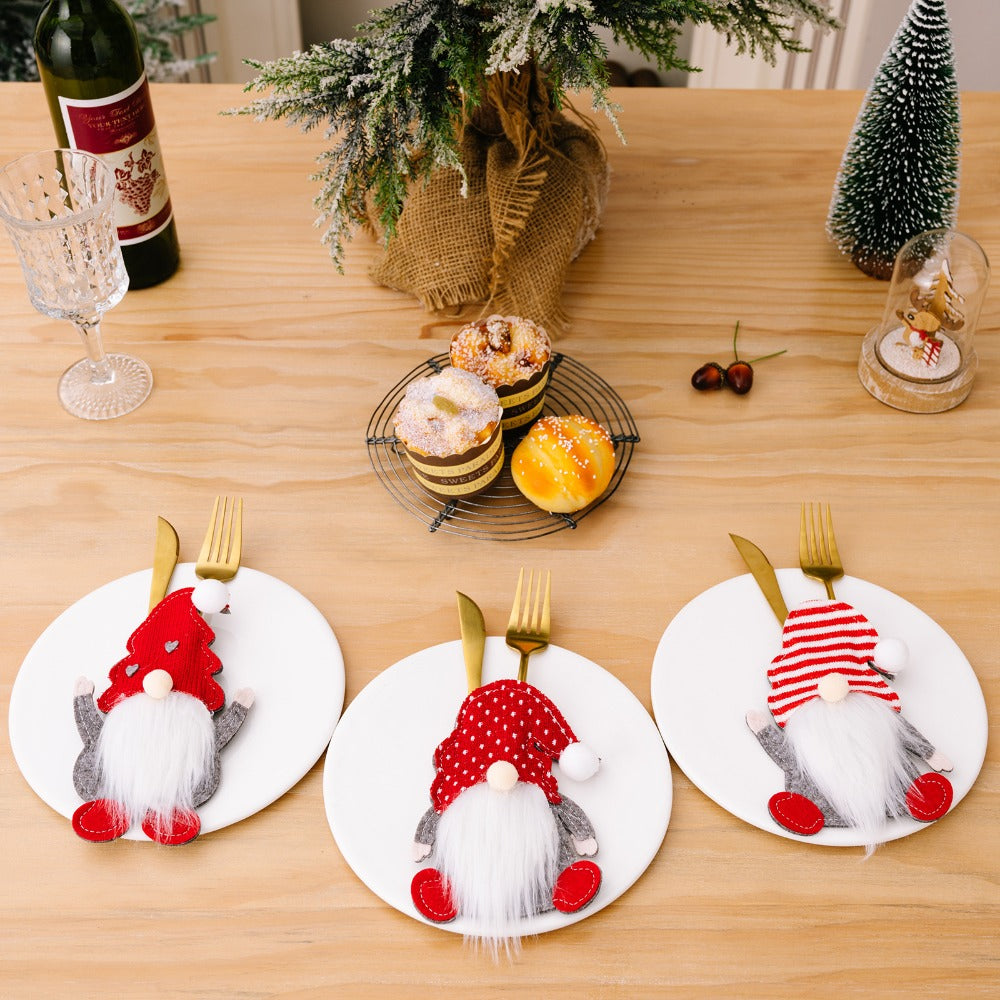 Festive Holiday Gnome Knife Fork Spoon Sleeves Set