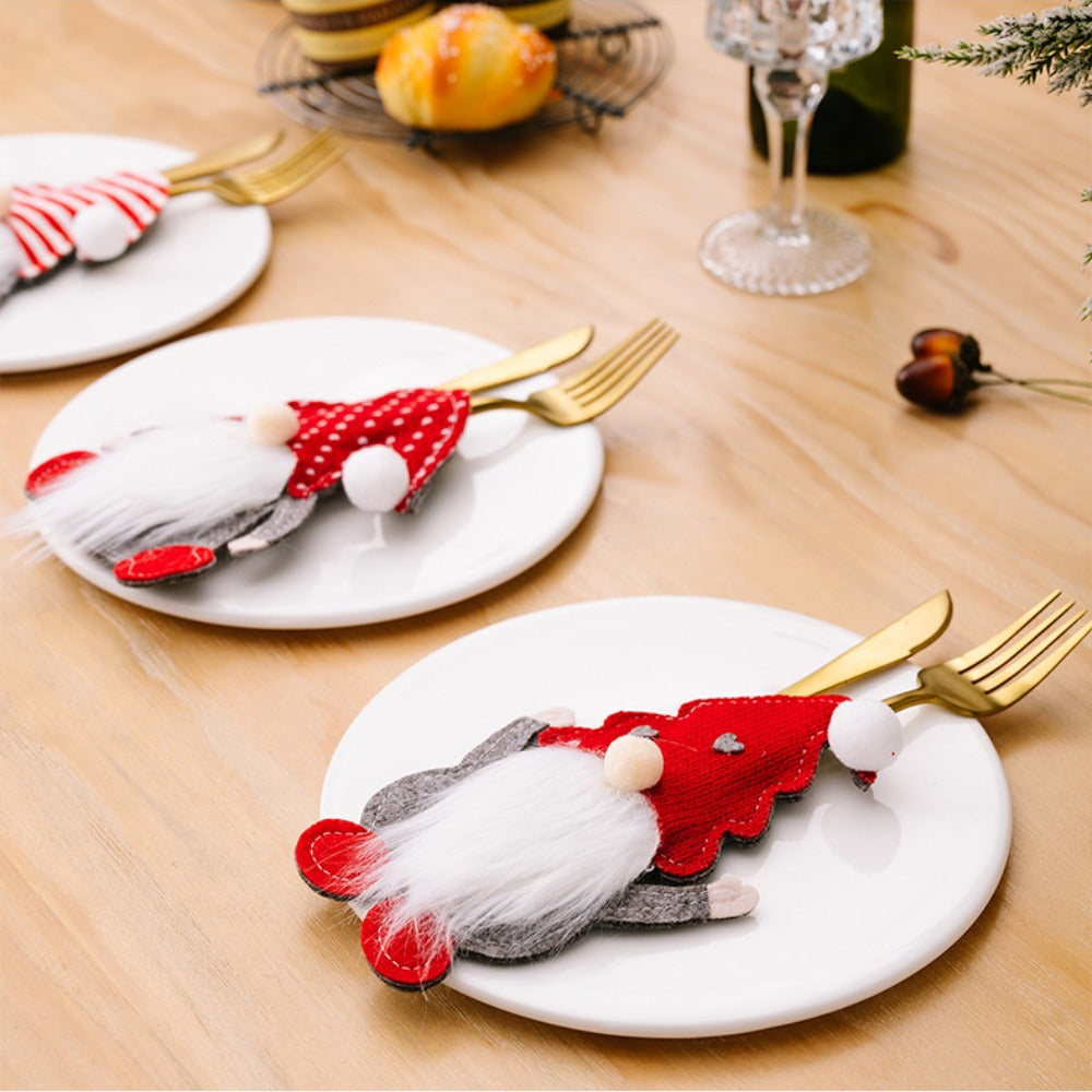 Festive Holiday Gnome Knife Fork Spoon Sleeves Set