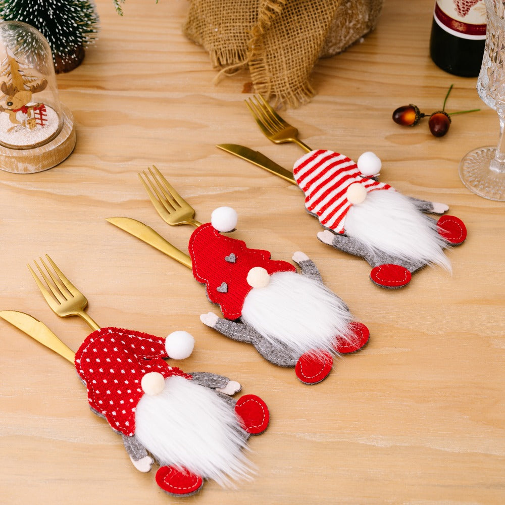 Festive Holiday Gnome Knife Fork Spoon Sleeves Set