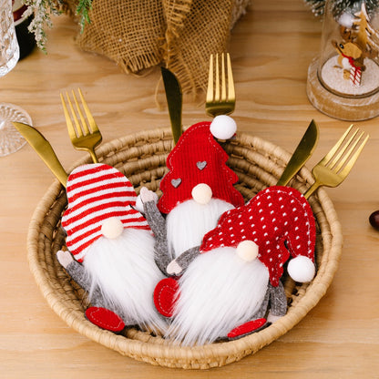 Festive Holiday Gnome Knife Fork Spoon Sleeves Set