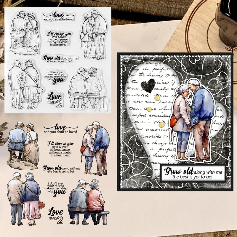 Elderly Loving Couple Walking Clear Stamps