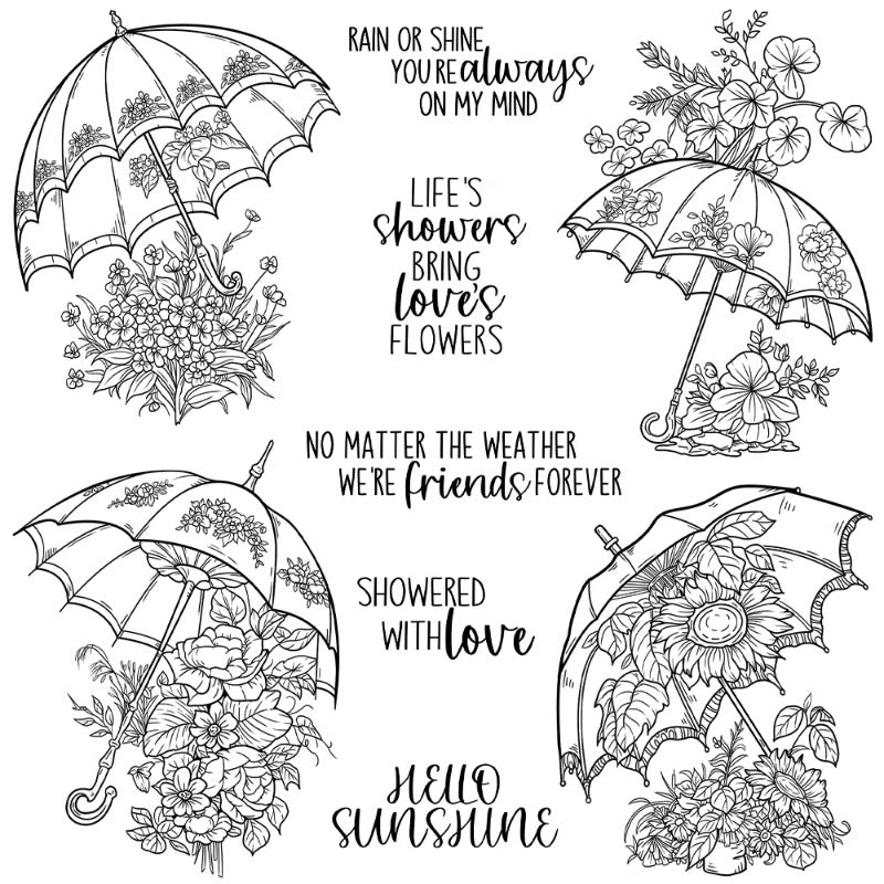 Blooming Flowers Under Umbrella Clear Stamps