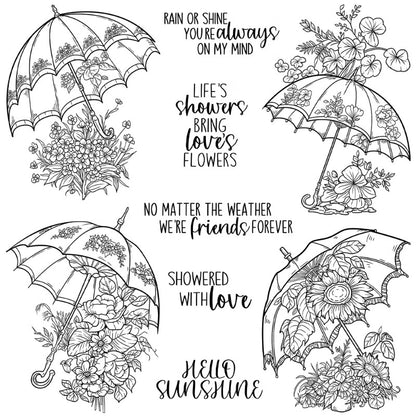 Blooming Flowers Under Umbrella Clear Stamps