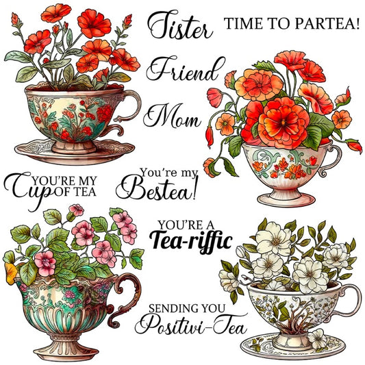 Flowers In Retro Tea Cup Dies & Stamps Set