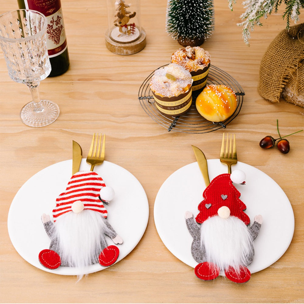 Festive Holiday Gnome Knife Fork Spoon Sleeves Set